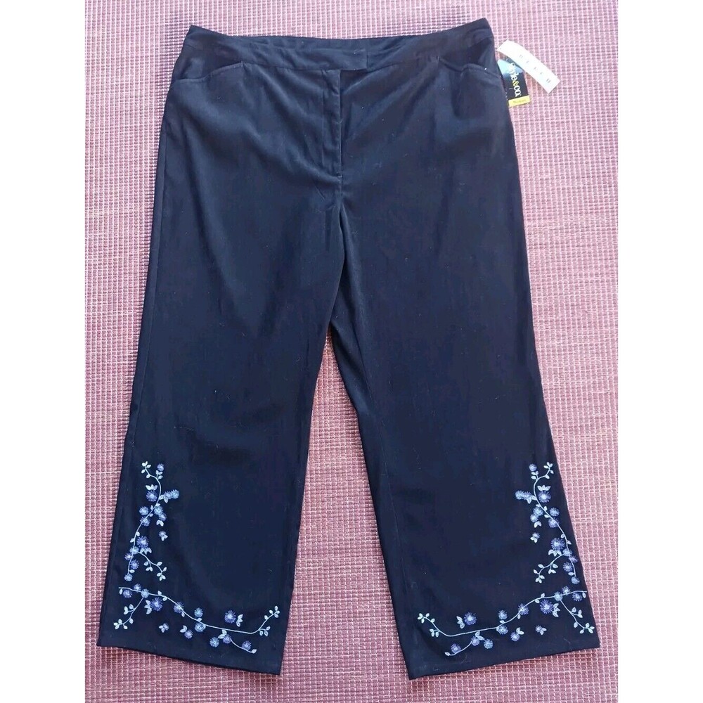 NWT Style&Co Women Black Velour Pants Size 24 Flower Embroidery Stretch
